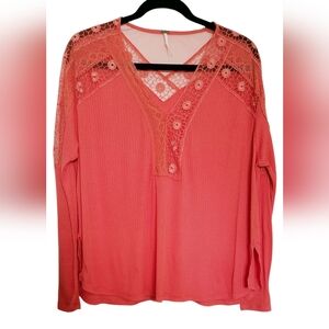 Free People Lola Long Sleeve Top Lace Details V-Neck Boho Style